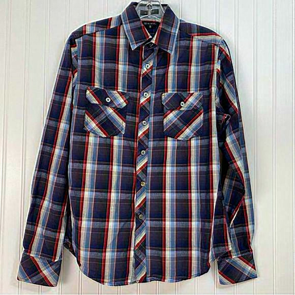 Buckle Black Button Up Shirt‎ Men Small Long sleeve Slim Fit Plaid - Picture 1 of 12